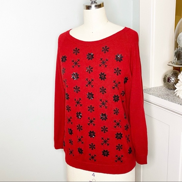Talbots Red Sequin Lambswool Crew Neck Sweater - Picture 3 of 12